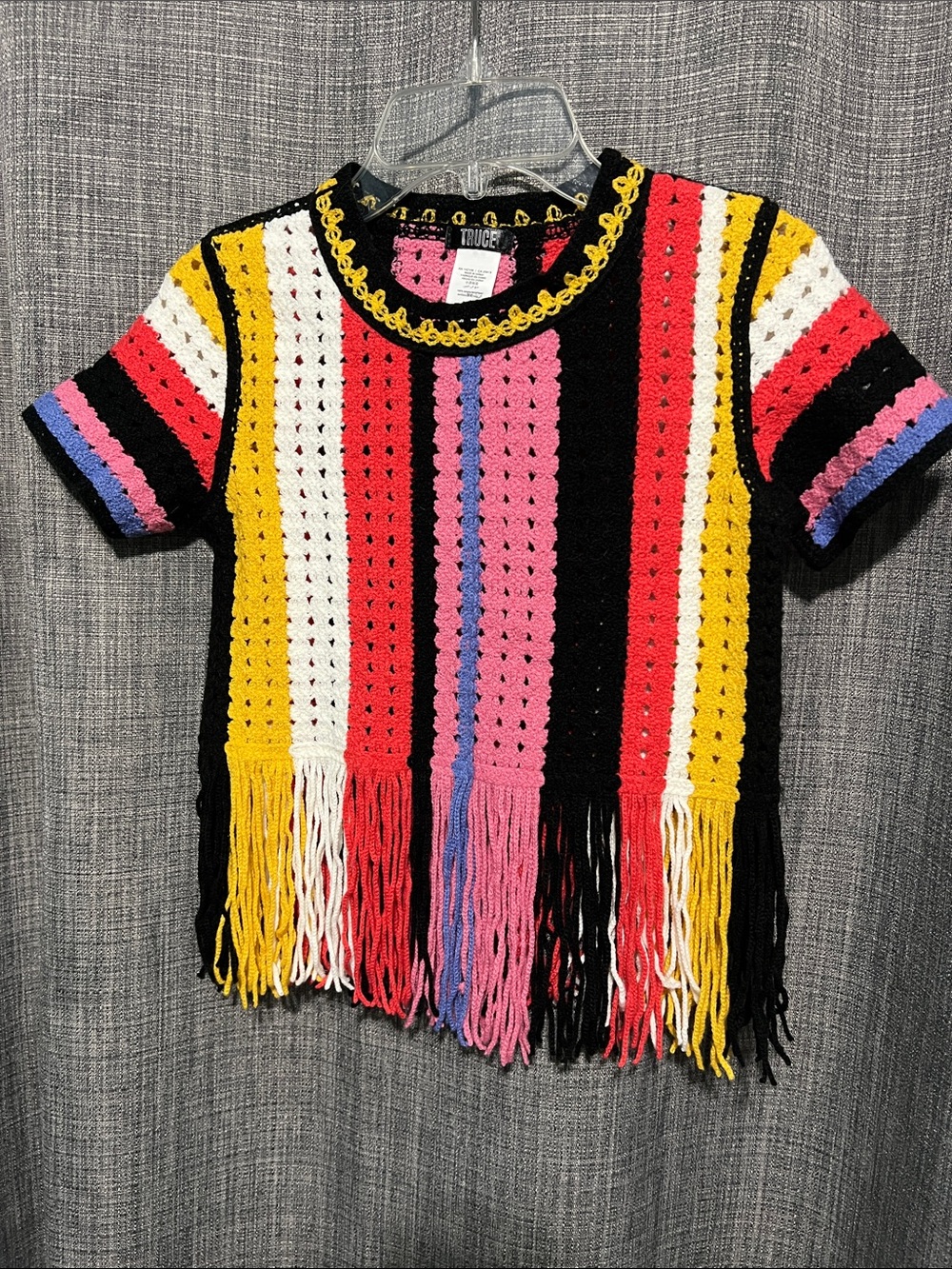 TRUCE Nordstrom Girl’s Multicolor Striped Crochet Fringe Top Small(7-8)